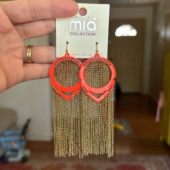 Mia Collection Neon Orange Gold Chain Tassel Dangle Costume Earrings - Picture 2 of 4